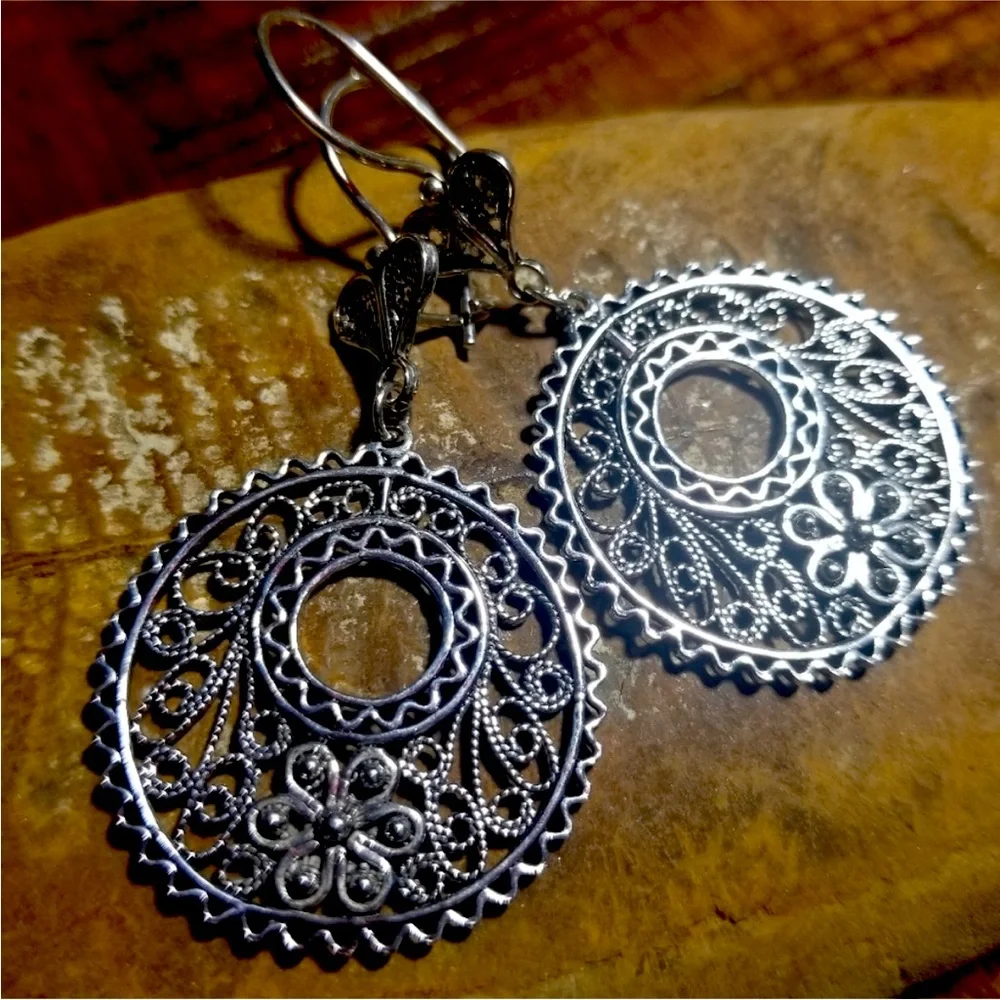 925 Sterling Large Round Filigree Earrings - Picture 1 of 6